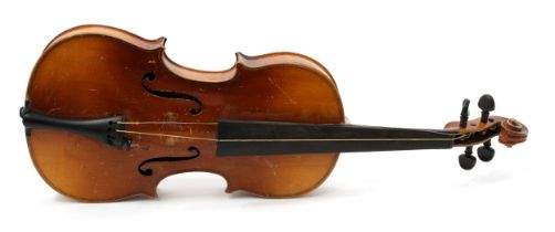 A violin, the two-piece back 34cm long excluding button, paper label for Newark Techinical