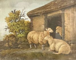 In the manner of Benjamin Zobel, a marmotinto sand picture, sheep beside a thatched barn, 30.5cm x