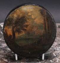 A late 18th century vernis martin and papier mache circular table snuff box, the puish-fitting cover