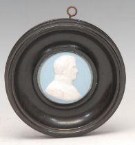 The Napoleonic Wars - a Jasperware cameo roundel, sprigged in white with a bust-length portrait of