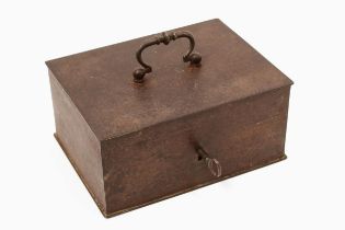 A 19th century iron strongbox, hinged cover with swing handle, 20cm wide