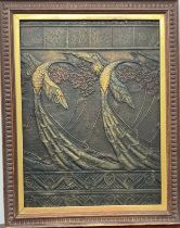 Interior Decoration - an Art Nouveau embossed panel, in relief with stylised peacocks, picked out in