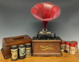 An early 20th century phonograph, The Columbia Gramophone, red painted tin horn, oak case, 31cm