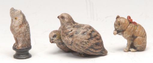 An Austrian cold painted bronze, of a pair of quails, 4cm wide; another, of a kitten, 2.5cm high;