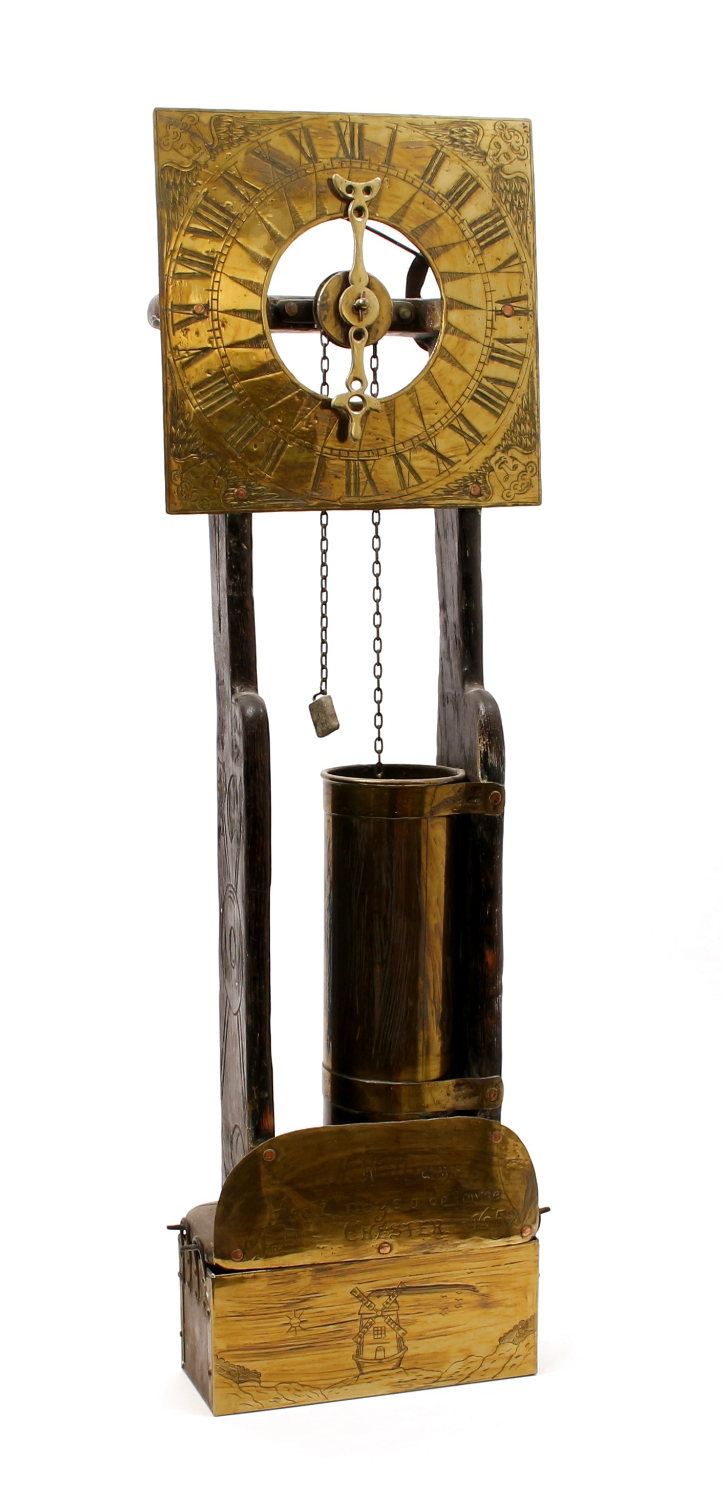 A 19th century apocryphal water clock, 25.5cm square brass dial, the cistern engraved with a