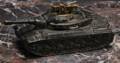 A French spelter novelty table lighter, as a tank, 14cm wide