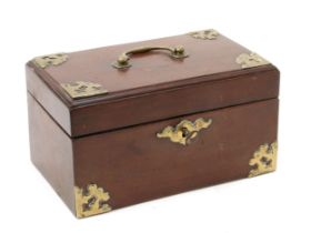 A George II mahogany rectangular tea caddy, mounted with brass cut-card work, hinged cover with swan