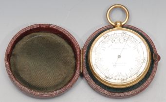 A gilt brass pocket barometer, M Aronsberg, Liverpool, red Morocco leather case. 5cm diameter