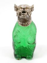 A silver plated and green glass novelty claret jug, as a dancing bear, glass eyes, hinged cover,