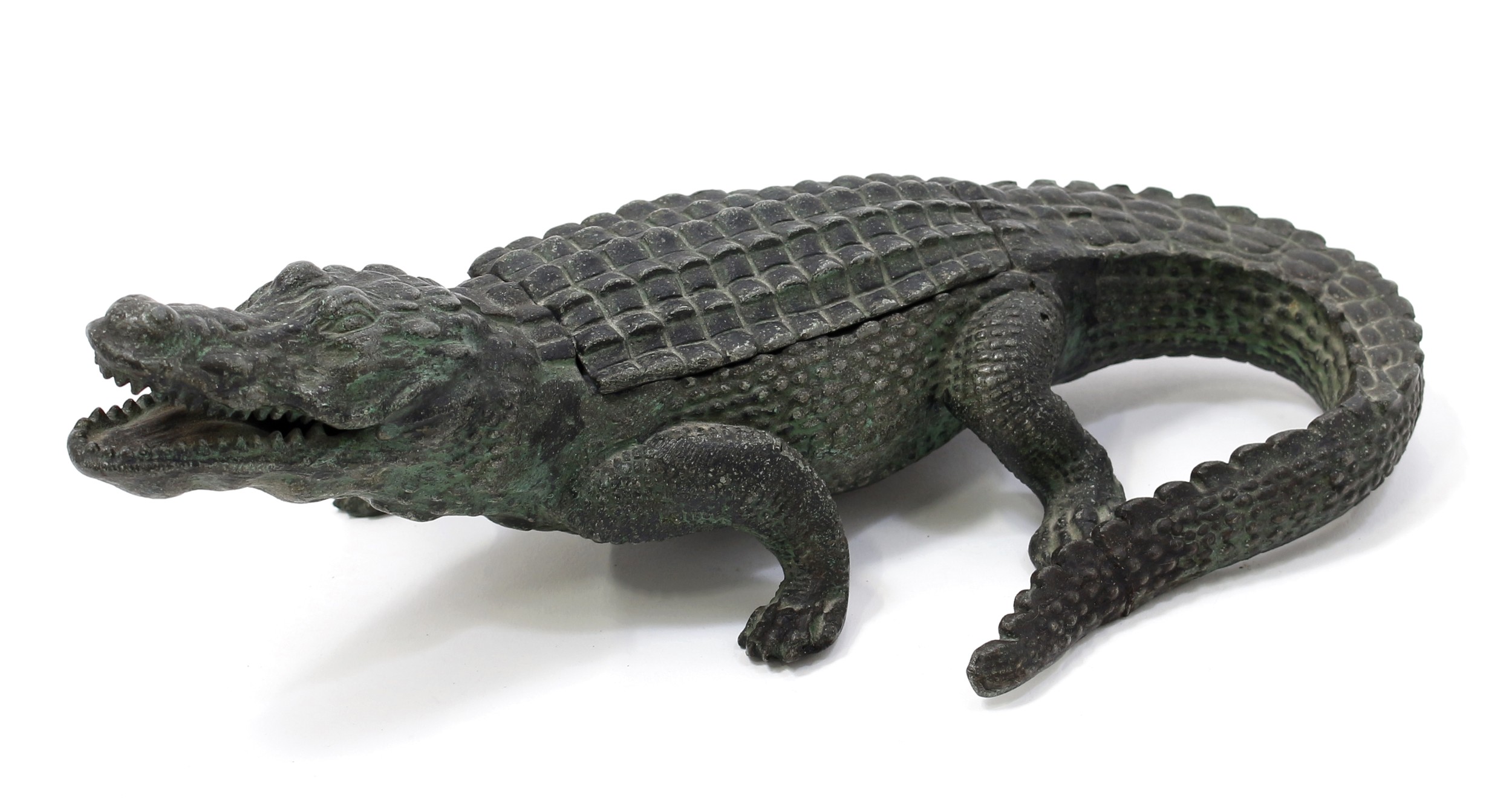 An early 20th century cold painted spelter novelty inkwell, cast as a alligator, hinged cover, - Image 2 of 2