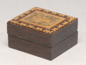 A 19th century Tunbridge ware rectangular novelty stamp box, the cover decorated after a Victorian