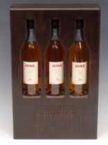 A presentation set of three 20cl bottles, Hine Grand Champagne Cognac, 1957, 1975 and 1981, wooden
