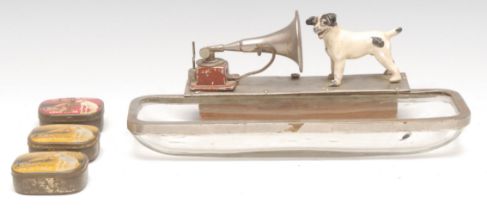 Vintage Music - Advertising - an early 20th century HMV promotional desk tidy, surmounted by a