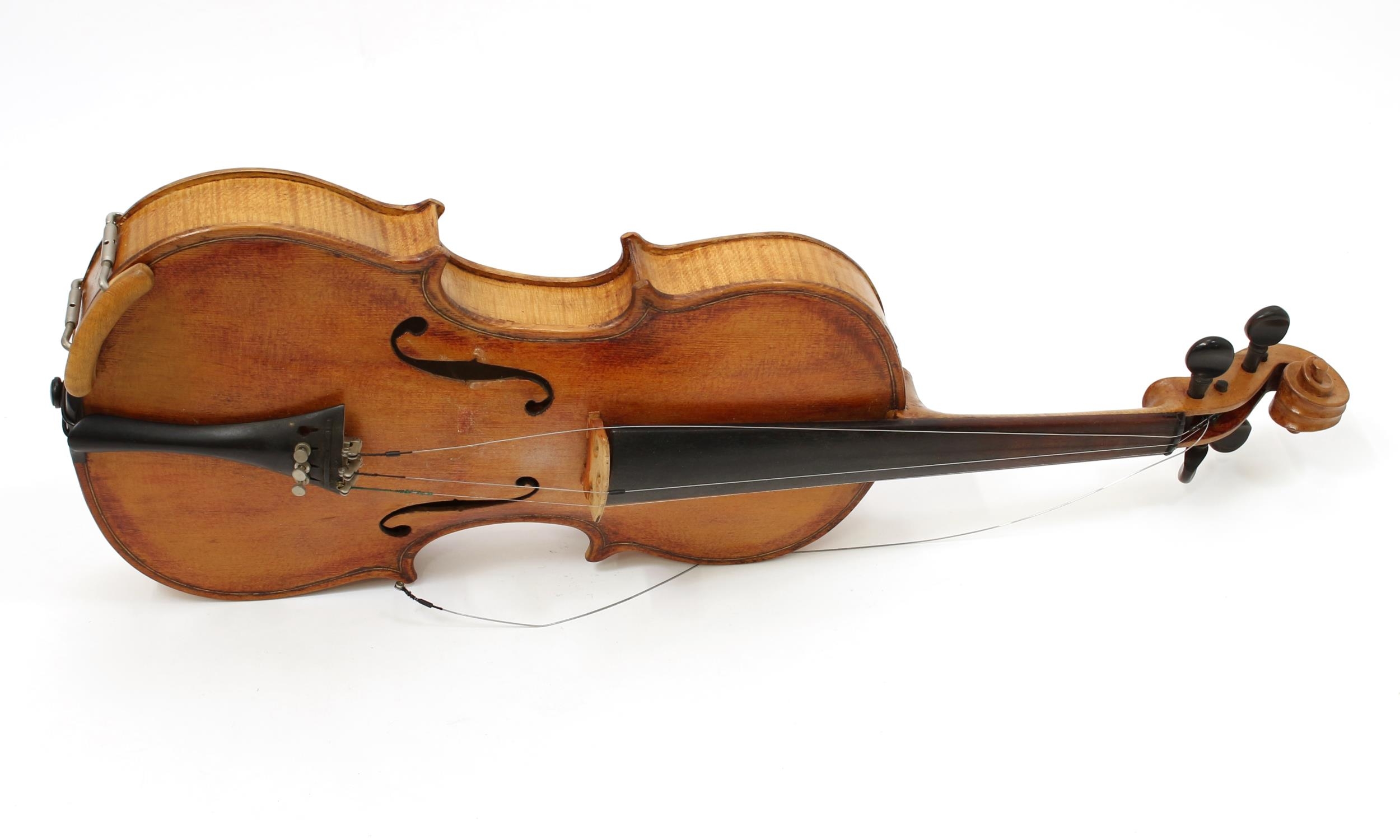 A violin, the two-piece back 36.5cm excluding button, ebonised tuning pegs, outlined throughout with - Image 2 of 3