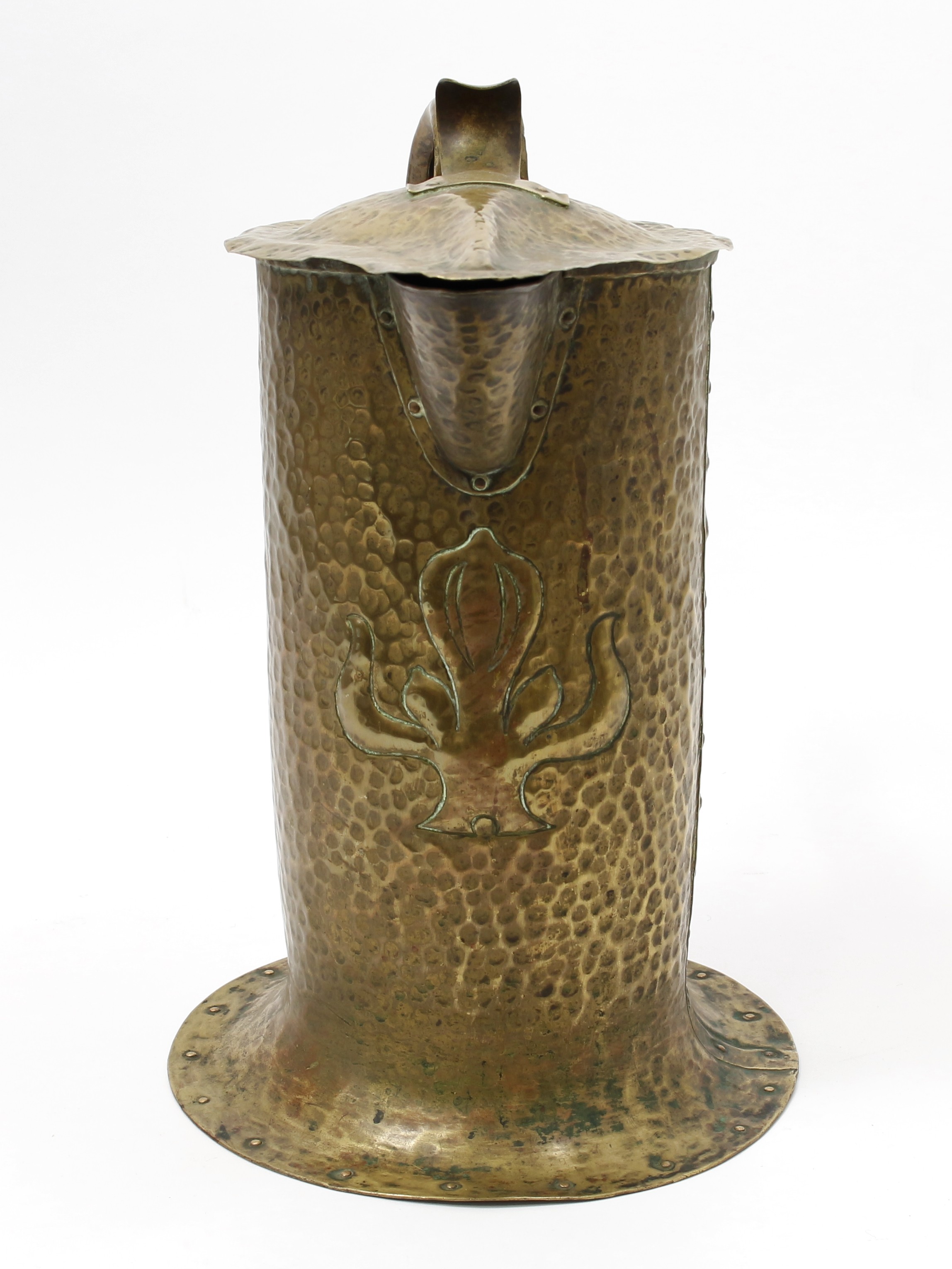 A large Arts and Crafts brass water jug, by William Soutter and Sons, riveted construction, the - Image 3 of 5