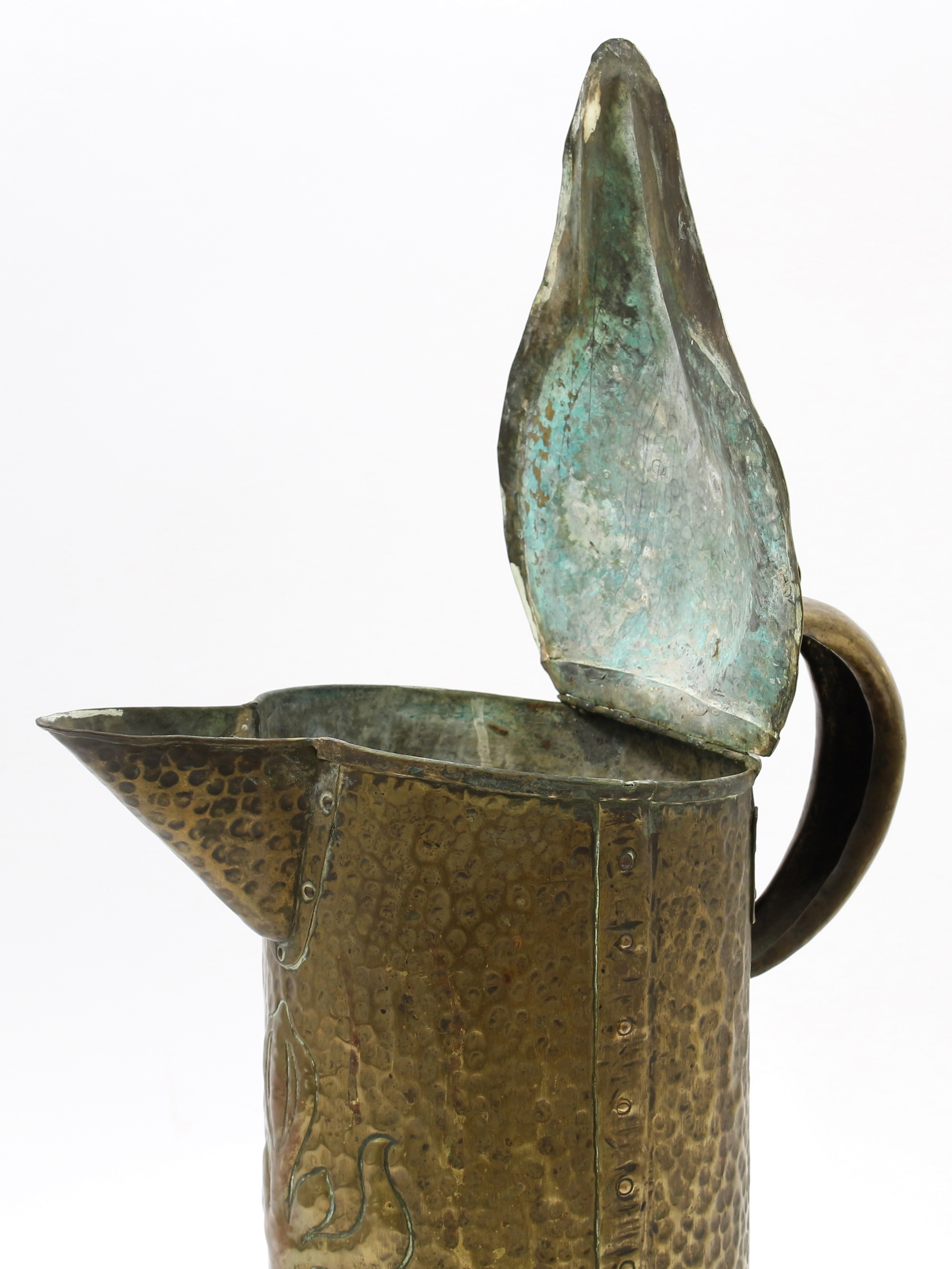 A large Arts and Crafts brass water jug, by William Soutter and Sons, riveted construction, the - Image 2 of 5