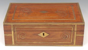 A 19th century Indian rosewood and brass marquetry rectangular box, hinged cover enclosing a mirror,