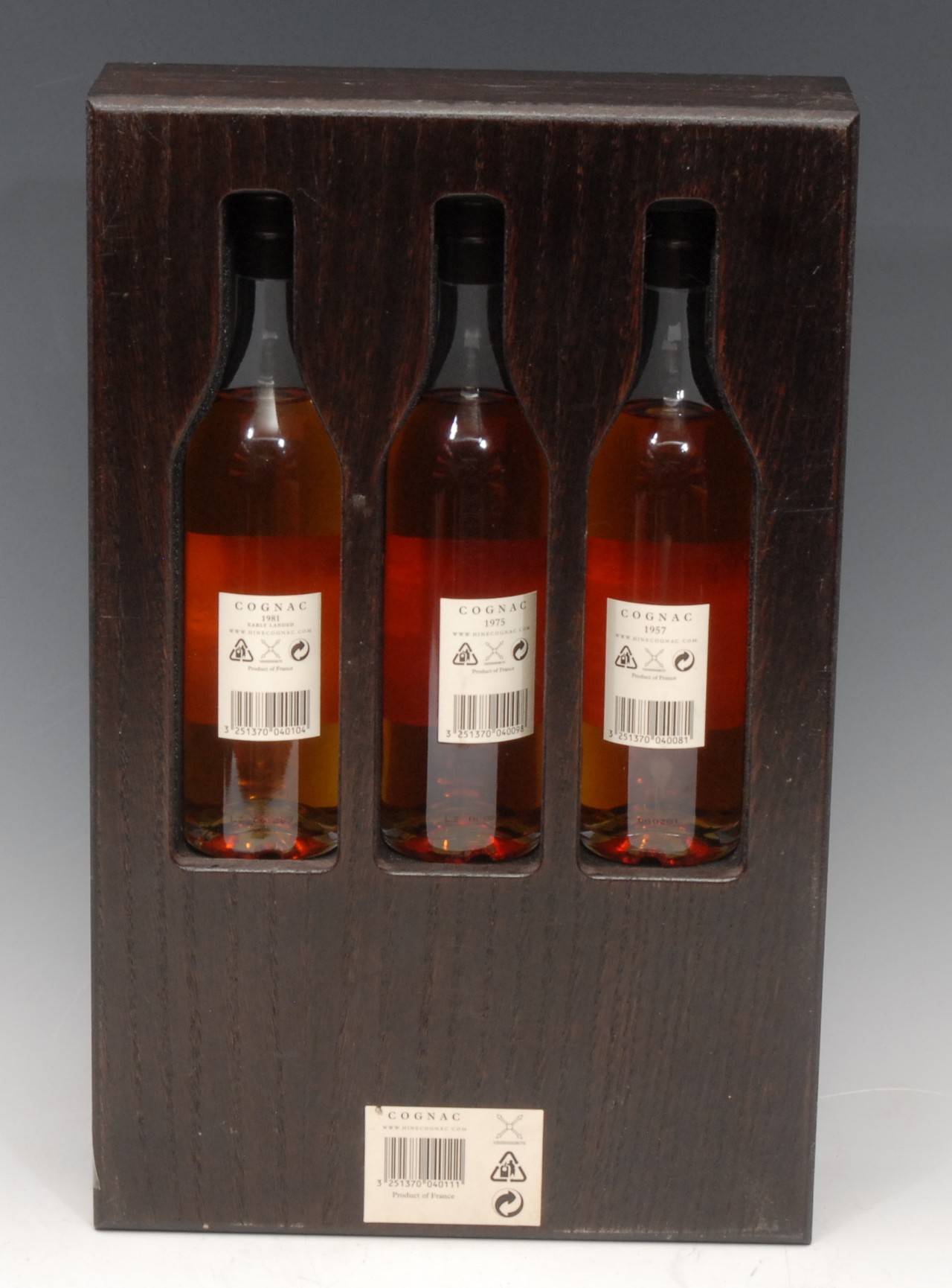A presentation set of three 20cl bottles, Hine Grand Champagne Cognac, 1957, 1975 and 1981, wooden - Image 2 of 3