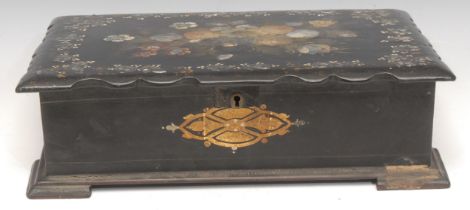 A Victorian papier mache black lacquer folding writing slope, inlaid with mother-of-pearl and