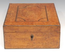 A George III burr maple rectangular gentleman's dressing box, hinged cover enclosing a folding