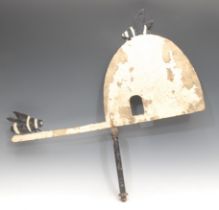 Folk Art - a steel novelty silhouette weathervane, as a beehive and bees, 60.5cm wide