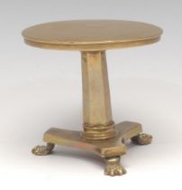 A George/William IV cast brass miniature centre table, circular tilting top, panelled pillar,