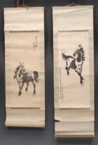 A Chinese scroll, woodblock printed after Xu Bei Hong with a horse, 20.5cm wide; another (2)