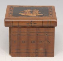 An Italian marquetry travelling inkwell, as a row of books, the hinged cover locking in place, 6cm