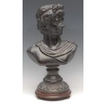 A Grand Tour style terracotta bust, Apollo Belvedere, after the Antique, mahogany base, 45cm high