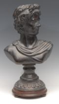 A Grand Tour style terracotta bust, Apollo Belvedere, after the Antique, mahogany base, 45cm high