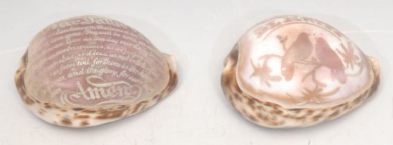 A 19th century cowrie shell sailor's valentine sweetheart token, cameo carved with lovebirds and