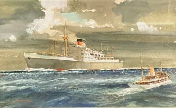 A E Morrison, An Ocean Liner, Port Auckland, signed, watercolour and gouache, 17cm x 26.5cm