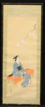 Japanese School, a geisha beneath blossom, watercolour and gouache, 114cm x 41.5cm
