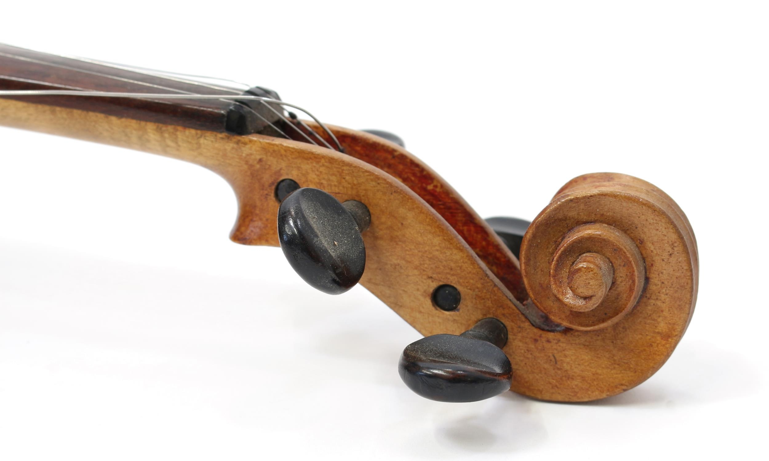 A violin, the two-piece back 36.5cm excluding button, ebonised tuning pegs, outlined throughout with - Image 3 of 3