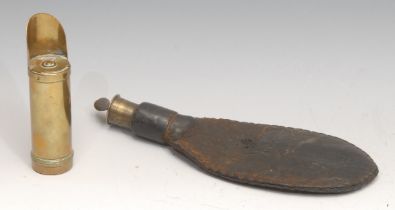 A 19th century leather and brass shot flask, 22.5cm long; another, trench art (2)
