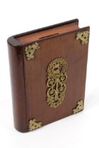 A late 19th century gilt metal mounted mahogany disguise volume novelty money box, as a book, the
