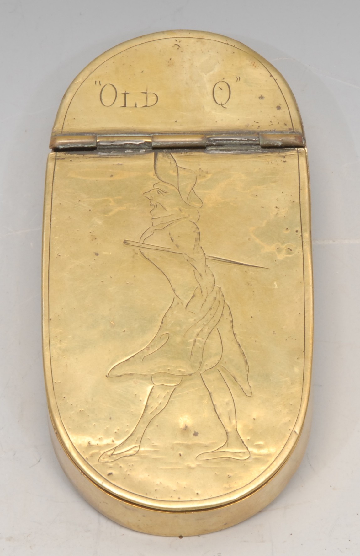 A George III brass oval snuff box, hinged cover engraved with a caricature of William Douglas, 4th - Image 2 of 3