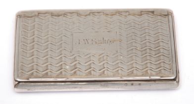 A William IV silver rectangular snuff box, engine turned in wavy bands, flush-hinged cover, gilt