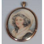 English School, 19th century, a portrait miniature, of a lady, head and shoulders, grey curly hair