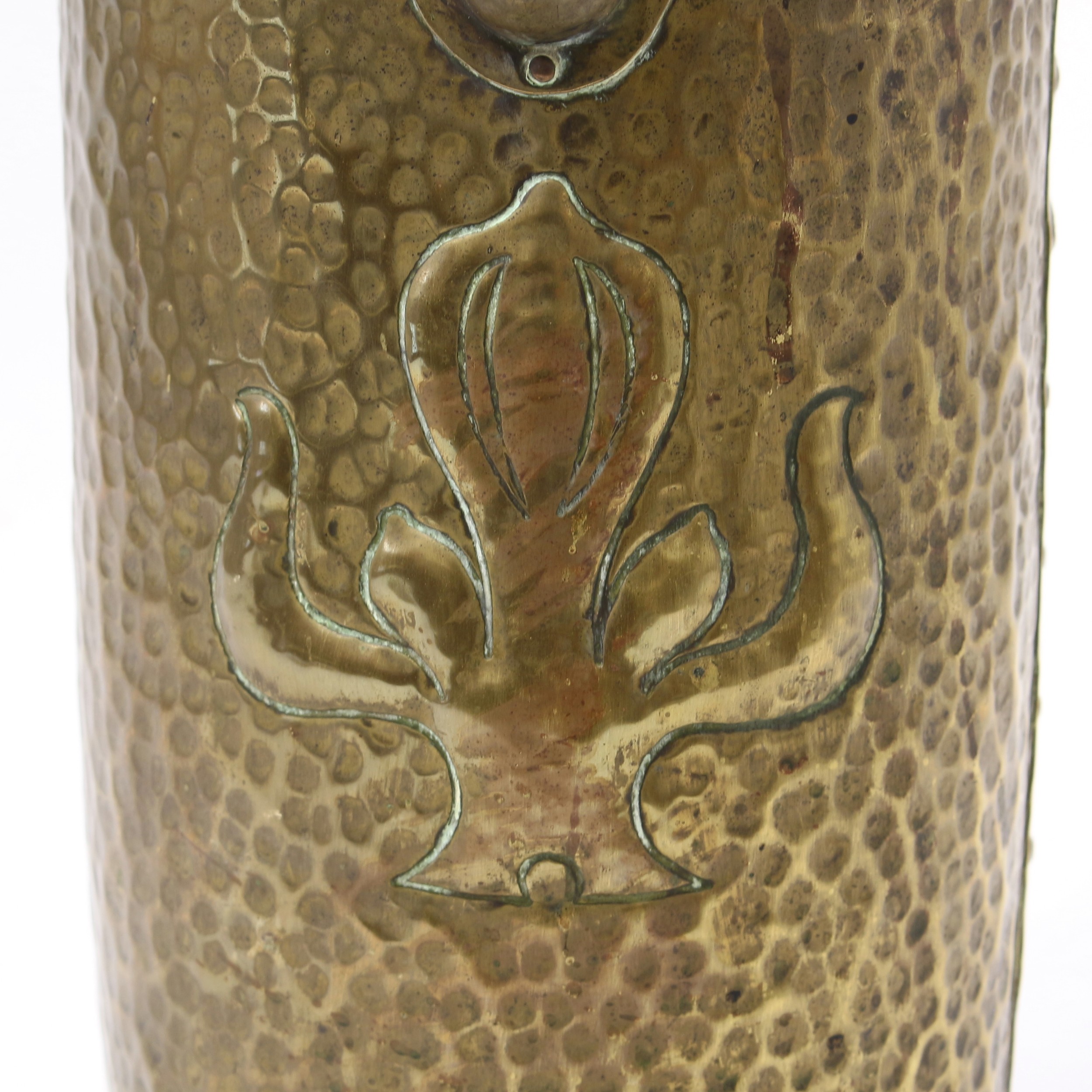 A large Arts and Crafts brass water jug, by William Soutter and Sons, riveted construction, the - Image 4 of 5