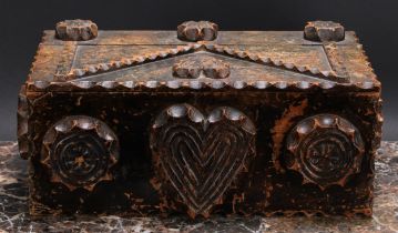 Folk Art - a 19th century tramp art rectangular box, applied with hearts and stylized geometric