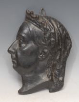 Royalty - a 19th cast iron portrait plaque, Queen Victoria, bust-length in profile, facing to