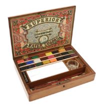 A late Victorian mahogany artist's box, hinged cover enclosing an arrangement of paint blocks, a