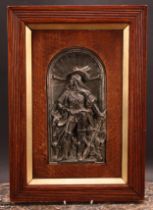 A Renaissance Revival electrotype panel, of a huntsman, 29.5cm x 14.5cm, oak frame, 48cm x 33.5cm