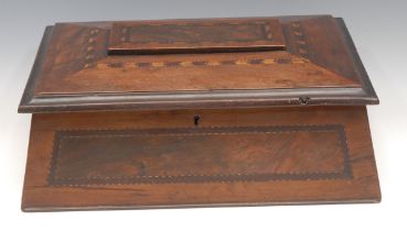 An Irish Killarney marquetry sarcophagus work box, hinged cover inscribed to verso Mrs Burt,