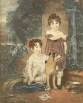 Interior Decoration - an early 19th century aquatint, young girls and a dog, 44cm x 34.5cm, gilt