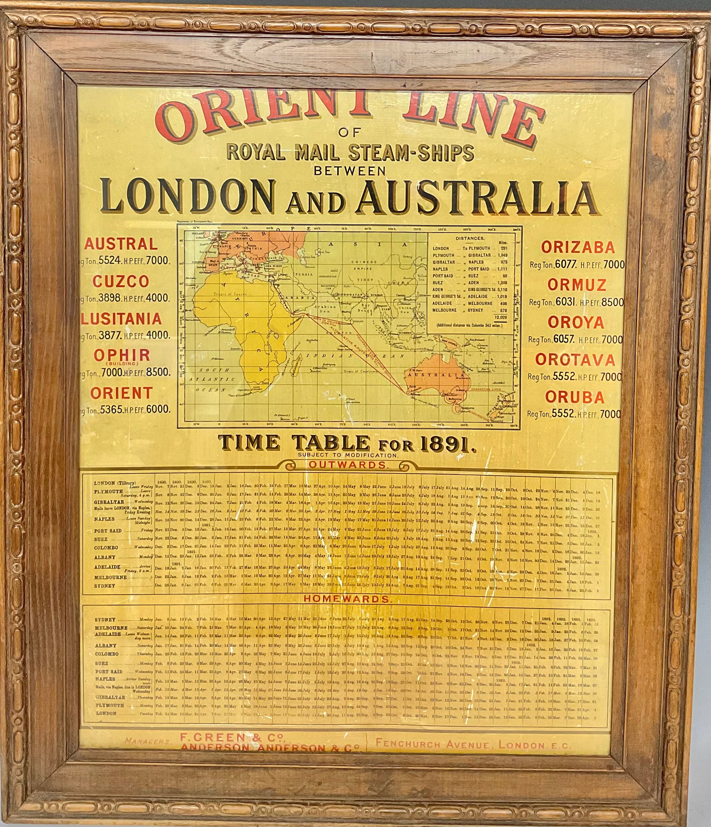 Shipping - a timetable, Orient Line of Royal Mail steam-ships between London and Australia,