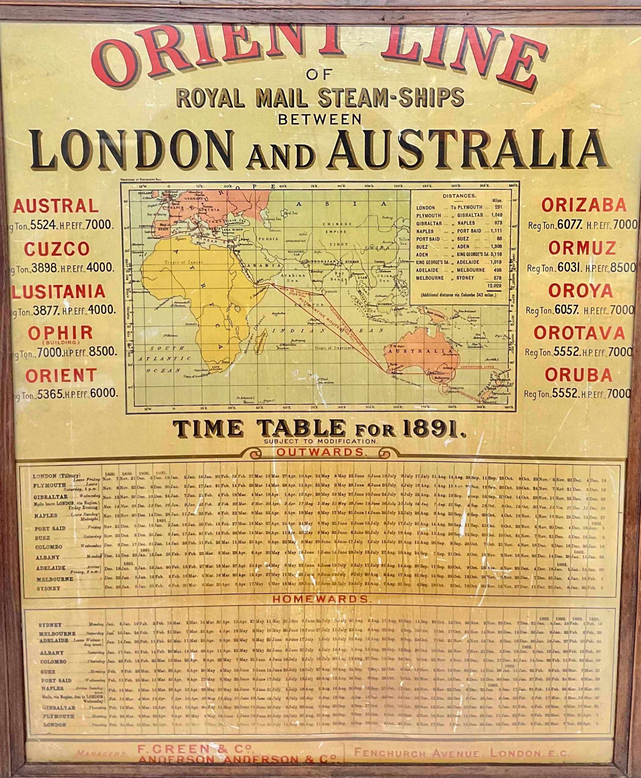 Shipping - a timetable, Orient Line of Royal Mail steam-ships between London and Australia, - Image 2 of 3