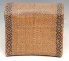 A Japanese bamboo basket weave neck pillow or headrest, geometric borders, 21cm wide, Meiji period