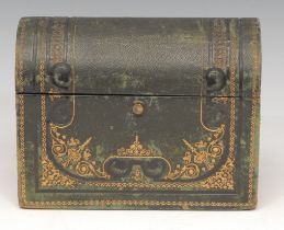 A late Victorian/Edwardian tooled and gilt morocco domed rectangular stationery box, hinged cover